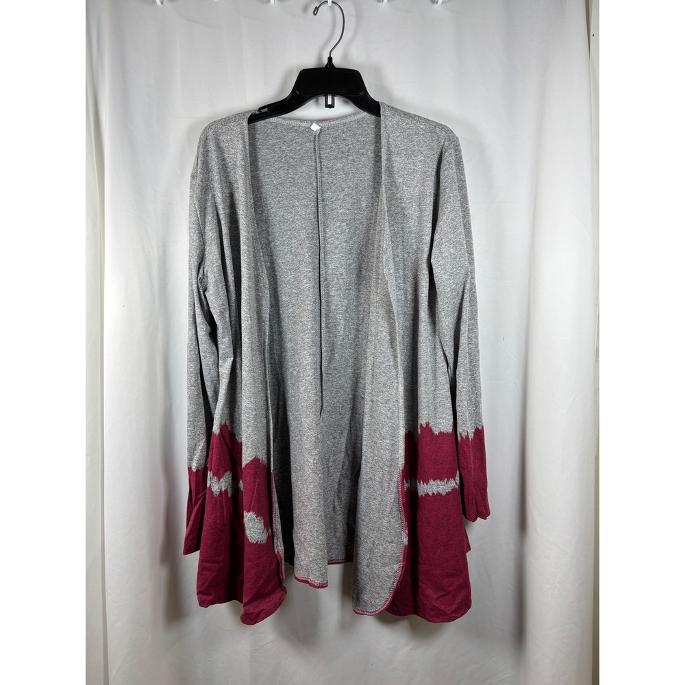 YYFS‎ Womens XL Grey Burgundy Dip Dye Open Front Lightweight Cardigan Sweater
